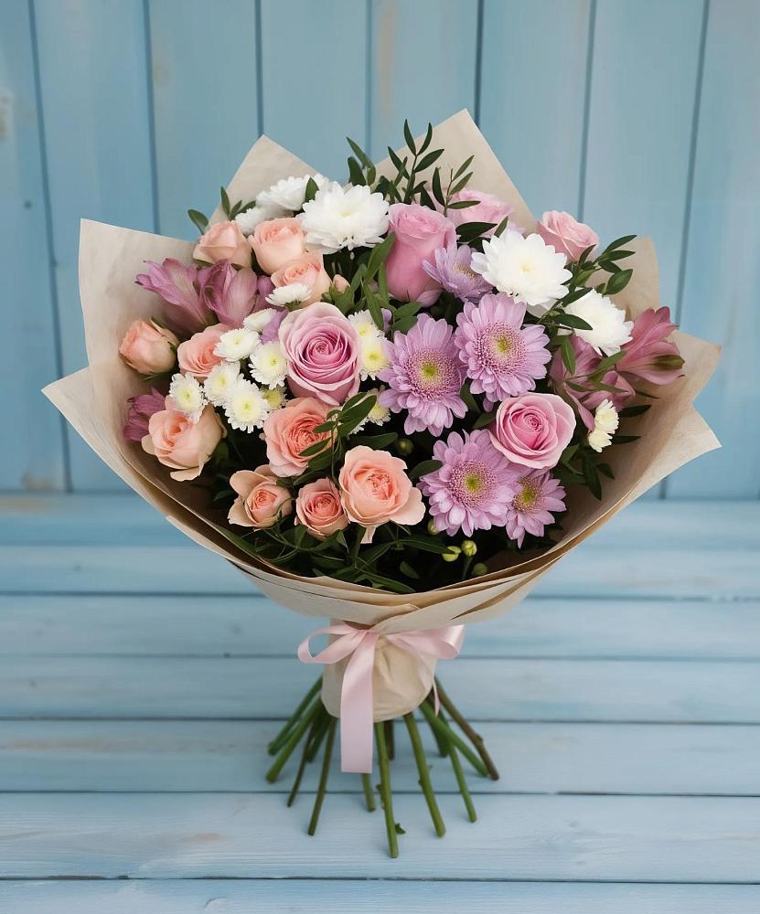 Букет цветов из: Хризантемы, Розы и Альстромерии в Новосолдатке