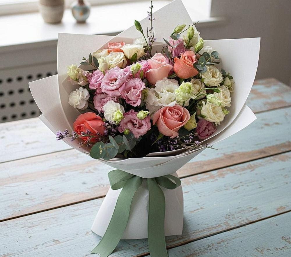 Букет цветов из: Розы, Лизиантусы и Гвоздики в Новосолдатке