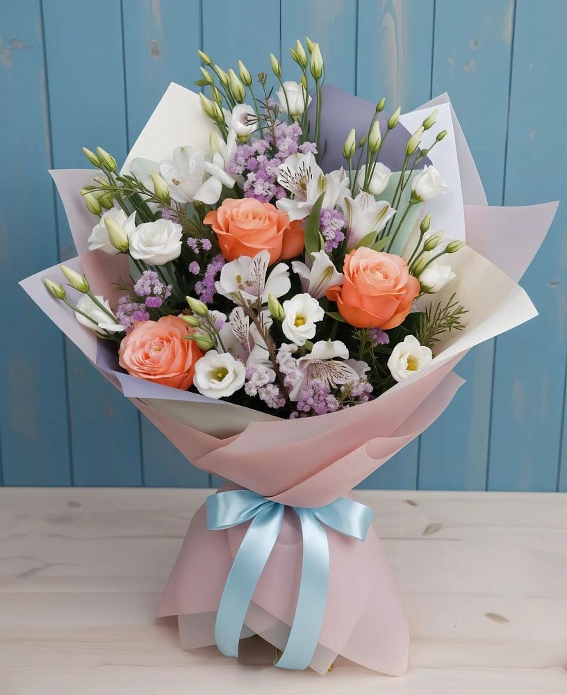 Букет цветов из: Лизиантусы, Розы, Альстромерии и Гипсофила в Новосолдатке
